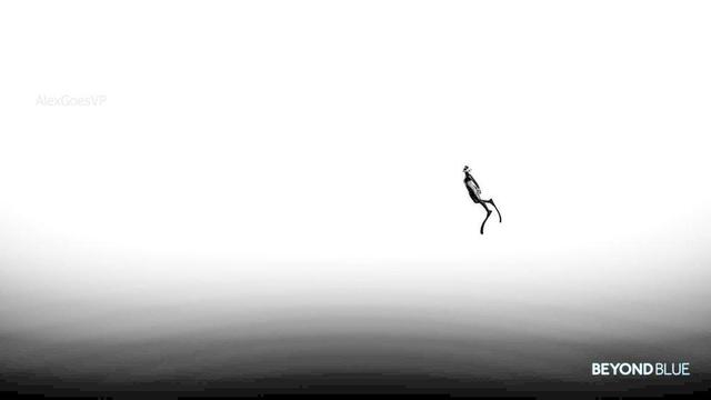 A diver swimming upward, with the black darkness far away, at the bottom edge of the picture, while the diver is surrounded by white.