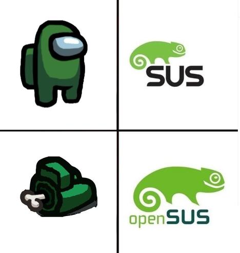 A four-panel meme comparing "Among Us" characters with the SUSE and openSUSE logos. The top-left panel shows a green "Among Us" character, and the top-right panel displays the SUSE logo featuring a green chameleon and the text "SUS." The bottom-left panel shows a green "Among Us" character in its defeated state with a bone sticking out, and the bottom-right panel displays the openSUSE logo with a green chameleon and the text "openSUS."