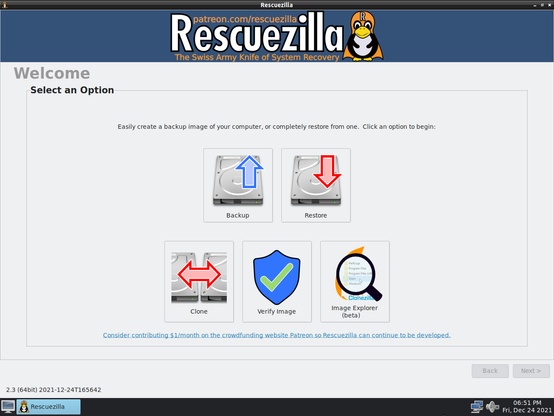 Screenshot of RescueZilla's start-up window: It features five large buttons in two rows. First row has the buttons for Backup and Restore, second row buttons for Clone, Verify Image and Image Explorer (beta feature).