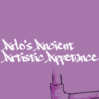 "Arlo's Ancient Artistic Appetance" written in white on lillac in a stylised font