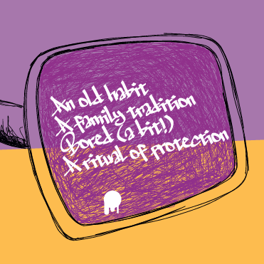 On a lilac and orange background a monitor full of a purple static has a white poem:
"An old habit  
A family tradition  
Bored (a bit!)  
A ritual of protection "

It is also followed by a dash of paint, suggesting that the above poem is painted on top of the monitor.