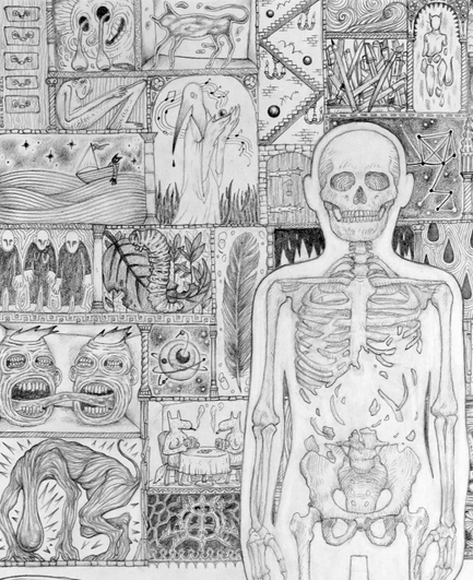 Gros plan sur le dessin dans le coin haut gauche. On peut voir une plume, un oeil avec des éléments gravitant autour comme une planète, des visages avec des bouches à la place des yeux, une chenille en train de manger une feuille....