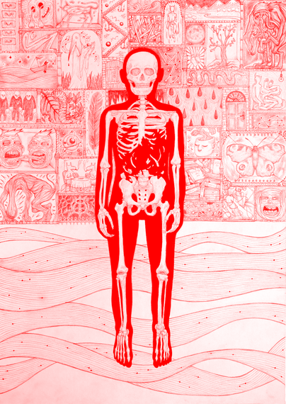 On peut voir le même dessin dans son ensemble. Ici il y a eu une retouche sur Krita du dessin pour rendre tous les traits rouge vif. La silhouette est coloriée en rouge.