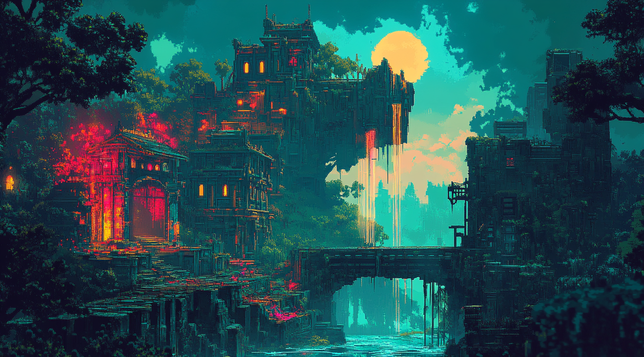 Ruines de la Vallée Lumineuse
Vestiges d’une cité fantastique baignée de lumière dorée et de reflets colorés, au cœur d’une jungle surnaturelle.
Ruins of a fantastical city bathed in golden light and colorful reflections, deep in a supernatural jungle.