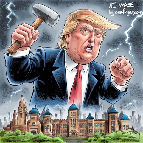 A cartoon image depicting a figure resembling a former political leader holding a hammer and shouting. Dark storm clouds and lightning surround him, while a large building with distinctive architecture is visible in the background.