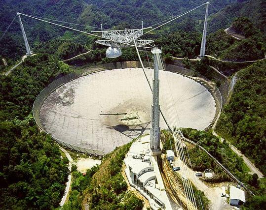 Luftbild des Arecibo-Radioteleskops aus dem Jahr 2012, einer riesigen (300 Meter) „Satellitenschüssel“ in einer natürlichen Vertiefung inmitten einer bewaldeten Hügellandschaft. Bild: H. Schweiker/WIYN and NOAO/AURA/NSF