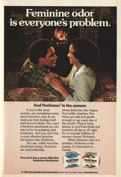 Advertisement shows two young African-American people cuddling on a couch. There is a description about feeling fresh and avoiding feminine odors.