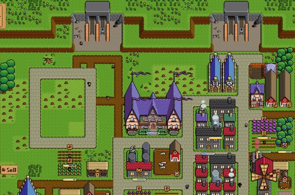 A screenshot of Iron Village. At the top is the Deep Mine, a minecart-accessible mine and quarry that accesses the the depths. To the right is the royal palace, and to the left is the number 0 drawn in stone roads.