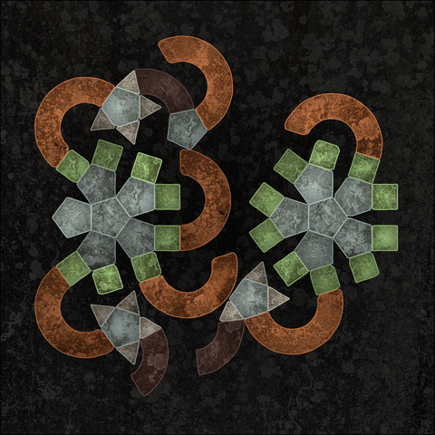 Code generated design. Geometric blocks are connected with each other on the edges. The background and the blocks have textures so they look less digital and more organic. The vertices on the block edges have been slightly displaced also to look less perfect.

This variation starts with two pentagons as seeds, and they grow with the same sequence of geometrical pieces until running out of space