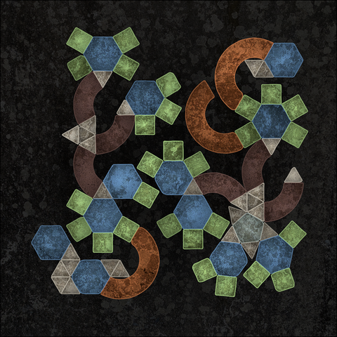 Code generated design. Geometric blocks are connected with each other on the edges. The background and the blocks have textures so they look less digital and more organic. The vertices on the block edges have been slightly displaced also to look less perfect.

In this third variation most of the available space is taken. The seeds are two triangles, followed by triangles, curves and other pieces. Maybe flowers with some petals missing?
