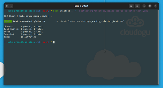 Terminal emulator showing this command:
helm unittest . -f  unittests/prometheus/scrape_config_selector_test.yaml 

And its output

 PASS  test scrapeConfigSelector        unittests/prometheus/scrape_config_selector_test.yaml

Charts:      1 passed, 1 total
Test Suites: 1 passed, 1 total
Tests:       4 passed, 4 total
Snapshot:    0 passed, 0 total
Time:        152.612251ms