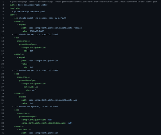 YAML definition of a Helm unit test.
Test file can be found at this URL
https://github.com/prometheus-community/helm-charts/blob/1251b0/charts/kube-prometheus-stack/unittests/prometheus/scrape_config_selector_test.yaml