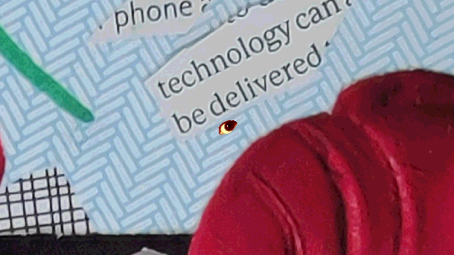 the eye over the patterned paper of the inside of an envelope 2 clippings of text read "phone" and "technology can be delivered" a green paint marker line protrudes from the upper left and the bottom right is filled by a clipping of a wrinkled speclar shaded red form.