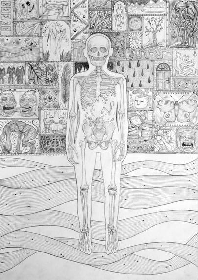 Dessin au crayon format portrait. Au centre du dessin on peut voir une silhouette contenant un squelette dessiné de façon réaliste. Les os du squelette sont fractionnés et se dispersent au niveau du bas de la cage thoracique. L'arrière-plan au niveau des jambes de la silhouette est rempli de vagues comme des ondes, dessinées à la ligne claire. Au-dessus, différentes cases abritent une multitudes de formes, de créatures et d'objets. On distingue un papillon, un arbre à yeux, des visages en colère où une pièce traversée par un escalier. L'ensemble est organisée comme si on avait rempli des casses d'imprimerie avec des scènettes ou des curiosités.