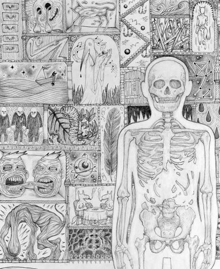 Gros plan sur le dessin dans le coin haut gauche. On peut voir une plume, un oeil avec des éléments gravitant autour comme une planète, des visages avec des bouches à la place des yeux, une chenille en train de manger une feuille....