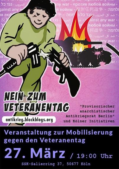 Mensch zerbricht ein Gewehr im Hintergrund brennt ein Panzer - comicartige Illustration

Nein zum Veteranentag

Veranstaltung zur Mobilisierung gegen den Veteranentag 27.03 SSK SAlierring
