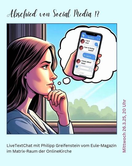 Eine Frau sitzt nachdenklich in einem Zug (das Fenster im Hintergrund). In einer Gedankenblase ist ein Handy mit einem Chatverlauf abgebildet.

Erstellt mit einem Bildgenerator