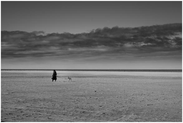 A black and white photography of a person walking a dog in the beach. 
The sky has clouds and the person is located in 1/3 of the picture. 
It was shot with a Fujifilm camera.