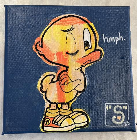 an orange and yellow cartoon duck with crossed arms, looking at the viewer with a grumpy look on their face. the word "hmph." is written in white letters off to the right of the duck. the background is a plain dark blue.