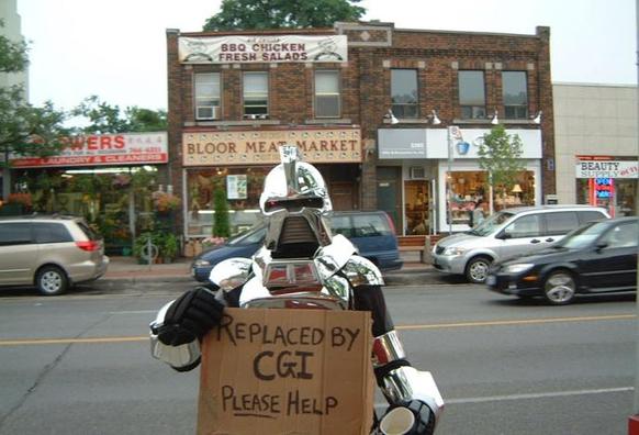 Out of work Cylon asking for help because of them being replaced by CGI.