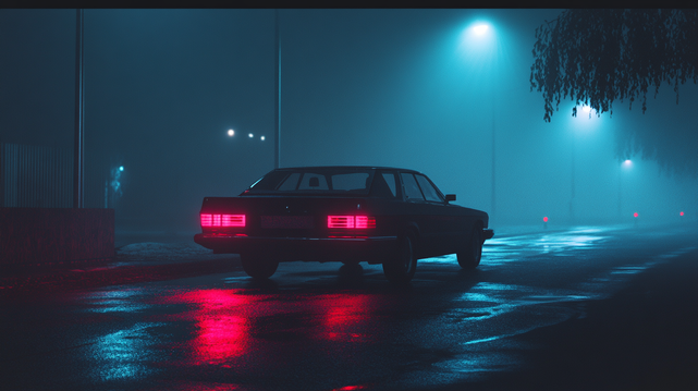 Dérive Nocturne
Une voiture ancienne roule seule dans une rue humide et vide, éclairée par des lampadaires bleutés et des reflets rouges dans une brume dense.
A vintage car drives alone down a wet, empty street, lit by bluish streetlights and red reflections in thick fog.