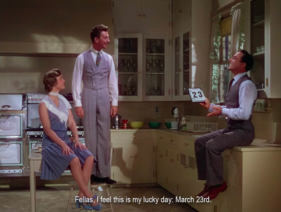 Two men and one woman are in a kitchen. Each is sitting or standing on a different surface: the woman is on a table in the middle, one man is sitting on the counter, and one man is standing on a stool. The Counter man is holding up a calendar that says "23" and saying, “Fellas, I feel this is my lucky day: March 23rd.”