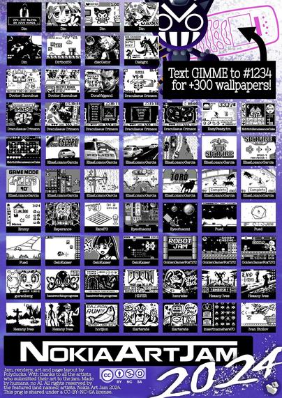 Page 3/9 compilation page of black and white 1bit image entries from NokiaArtJam 2, an art jam for the Nokia 3410.