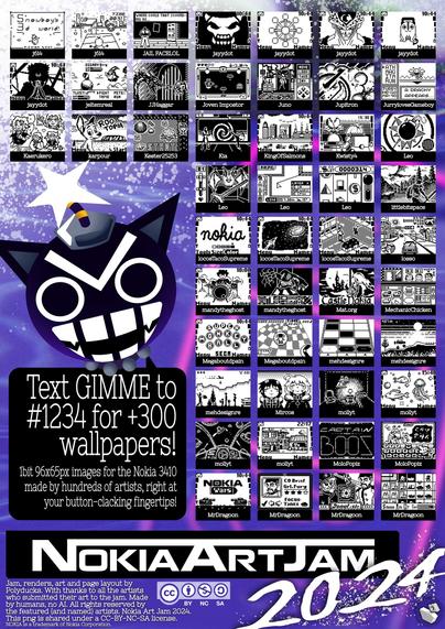Page 4/9 compilation page of black and white 1bit image entries from NokiaArtJam 2, an art jam for the Nokia 3410.