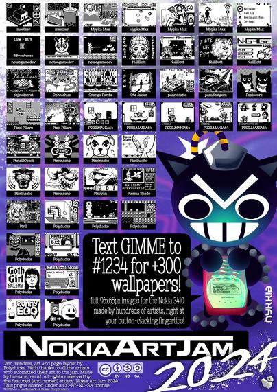 Page 5/9 compilation page of black and white 1bit image entries from NokiaArtJam 2, an art jam for the Nokia 3410.