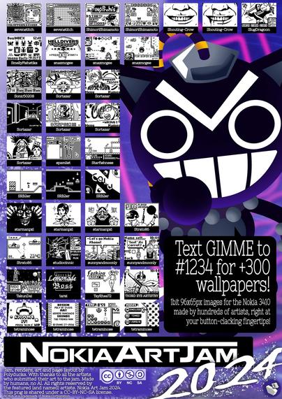 Page 7/9 compilation page of black and white 1bit image entries from NokiaArtJam 2, an art jam for the Nokia 3410.