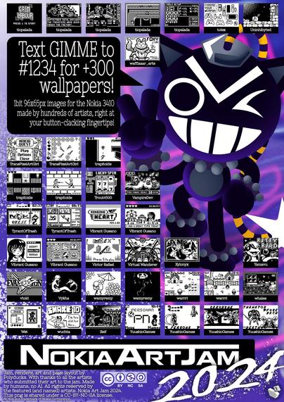 Page 8/9 compilation page of black and white 1bit image entries from NokiaArtJam 2, an art jam for the Nokia 3410.