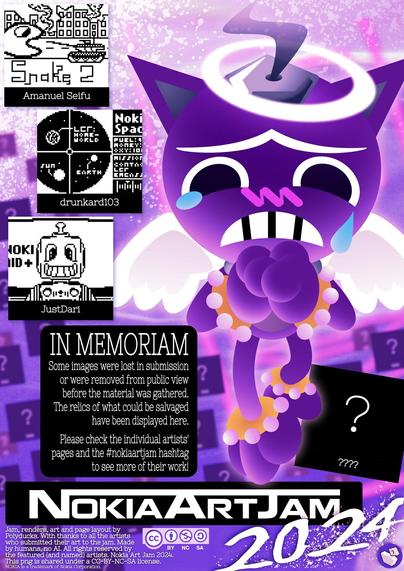 Page 9/9 compilation page of black and white 1bit image entries from NokiaArtJam 2, an art jam for the Nokia 3410.