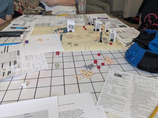 Closeup of the table during an in-person game session
