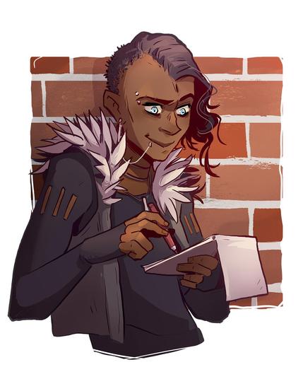Comicportrait of a black man, with a sidecut, piercings and alternative clothes writing something down on a note smiling happily.