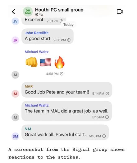 A chat message screenshot apparantly between Michael Waltz, John Ratcliffe and others.
