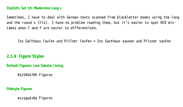 A document showing the OpenType layout features of a font.