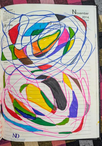 Abstract sketch with blue and pink swirls and some overlapping swirls are filled inside with different colours. The sketch is done in an old diary whose ruled paper is light brownish.