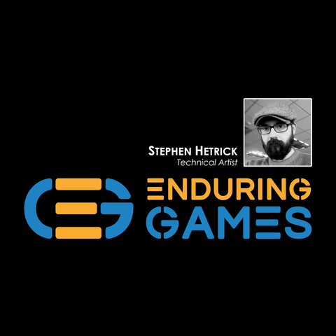 A Picture of Stephen Hetrick, the Enduring Games company logo, and the text, "Stephen Hetrick Technical Artist."