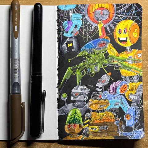 Photo of an open sketchbook with a couple of pens over. The right page has a illustration of a group of colourful robots on diverse shapes and styles. They are fun and positive. Except to the omnipresent big red eye with hanging cables looming from the top. That one is ominous.