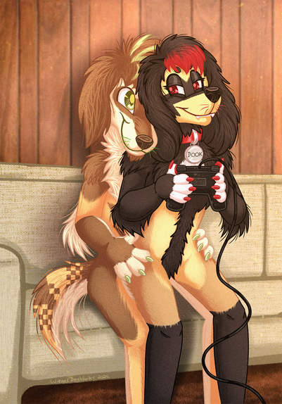 Two anthropomorphic male dogs are sitting on a couch. One is sitting on the other one's lap while holding a gaming controller. He is looking at the dog behind him with a slight smile. The dog behind him is looking at him, also with a smile. There is a wood paneled wall behind them and orangeish brown shag carpet under their feet. It seems to be morning.