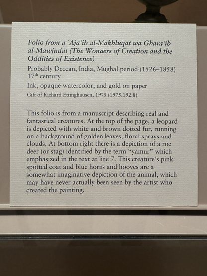 photo of the gallery label: “Folio from a Aja'ib al-Makhlugat wa Ghara'ib al-Mawjudat (The Wonders of Creation and the Oddities of Existence) Probably Deccan, India, Mughal period (1526-1858) 17th century Ink, opaque watercolor, and gold on paper Gift of Richard Ettinghausen, 1975 (1975.192.8) This folio is from a manuscript describing real and fantastical creatures. At the top of the page, a leopard is depicted with white and brown dotted fur, running on a background of golden leaves, floral sprays and clouds. At bottom right there is a depiction of a roe deer (or stag) identified by the term "yamur" which emphasized in the text at line 7. This creature's pink spotted coat and blue horns and hooves are a somewhat imaginative depiction of the animal, which may have never actually been seen by the artist who created the painting.”