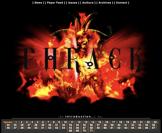 screenshot of phrack.org with all the issues listed