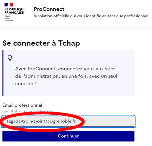 Capture d'écran de la page de connection à Tchap en utilisant le service ProConnect. La page demande de renseigner un « email professionnel », et l'utilisateur a donné l'adresse factice tagada-tsoin-tsoin@ac-grenoble.fr.