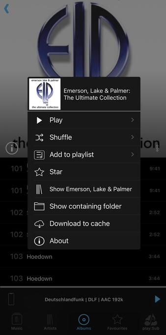 The image displays a music application interface featuring the album "Emerson, Lake & Palmer: The Ultimate Collection." It includes options such as Play, Shuffle, Add to playlist, and more, with a visible track list beneath the album cover.