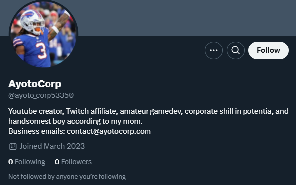 A screenshot from Twitter showing the account AyotoCorp ( @ayoto_corp53350) which has 0 following and 0 followers.  It has a direct profile copy of my own profile as its own profile.