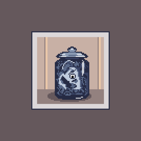 64x64 pixel art of a large glass jar containing something mysterious.