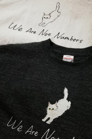 We Are Not Numbers の文字と猫の絵が描かれた白とグレーのTシャツ