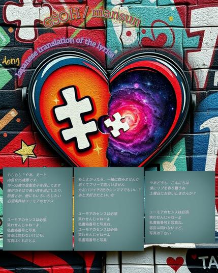 ①Text is a Japanese translation of the lyrics: GSOH / mansun 
«Background image Generated by MagicEraser/FLUX, Edit in inCollage app»
Alt-TXT: A graffiti-style heart split in half, one side filled with a galaxy, the other with a puzzle piece. The heart is surrounded by colorful graffiti on a brick wall.
#本日の成果物