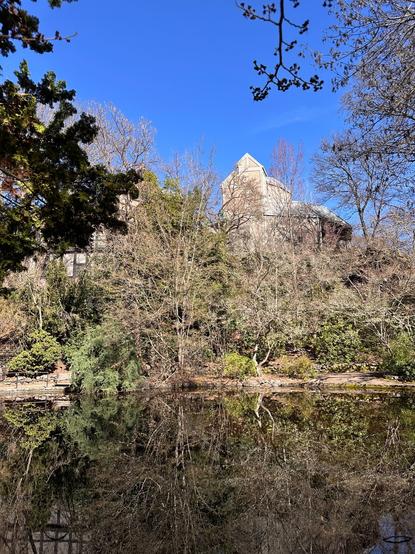 A green scenic view of bushes and trees, and a high stone building, partially reflected in a pond.