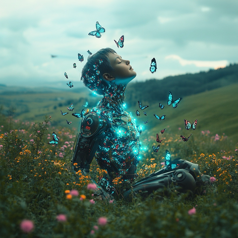 A serene humanoid robot with glowing blue circuitry sits in a field of wildflowers, eyes closed in peace as vibrant butterflies surround and land on them.